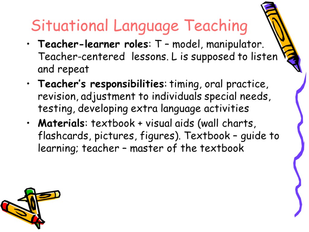 Situational Language Teaching Teacher-learner roles: T – model, manipulator. Teacher-centered lessons. L is supposed